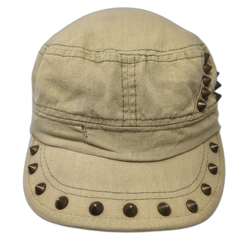 Move Army Cap Beige OSFM Studded Spikes Flat Top Elastic Back Cotton Twill Hat
